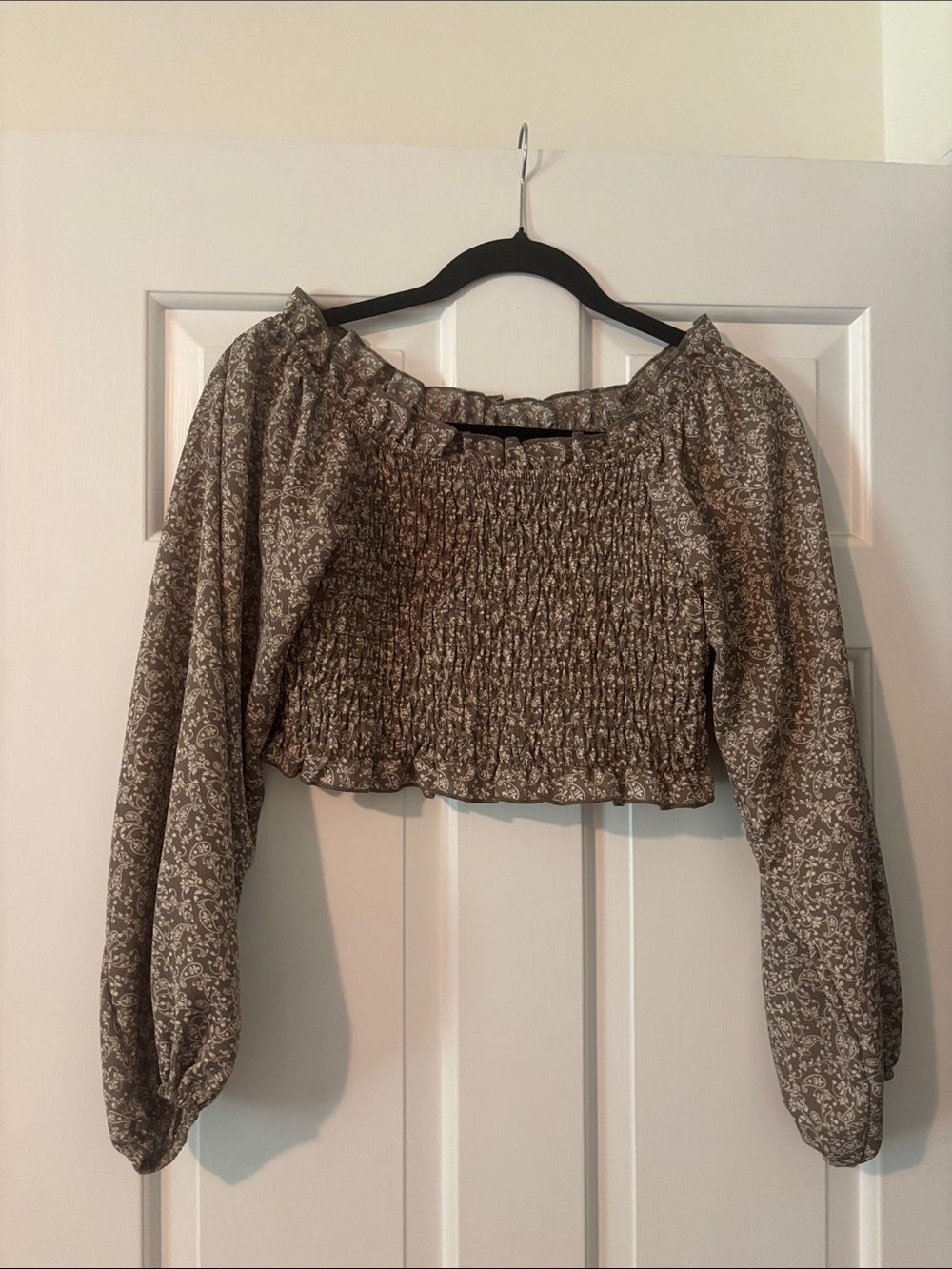 First Love Olive Floral Smocked Peasant Crop Top